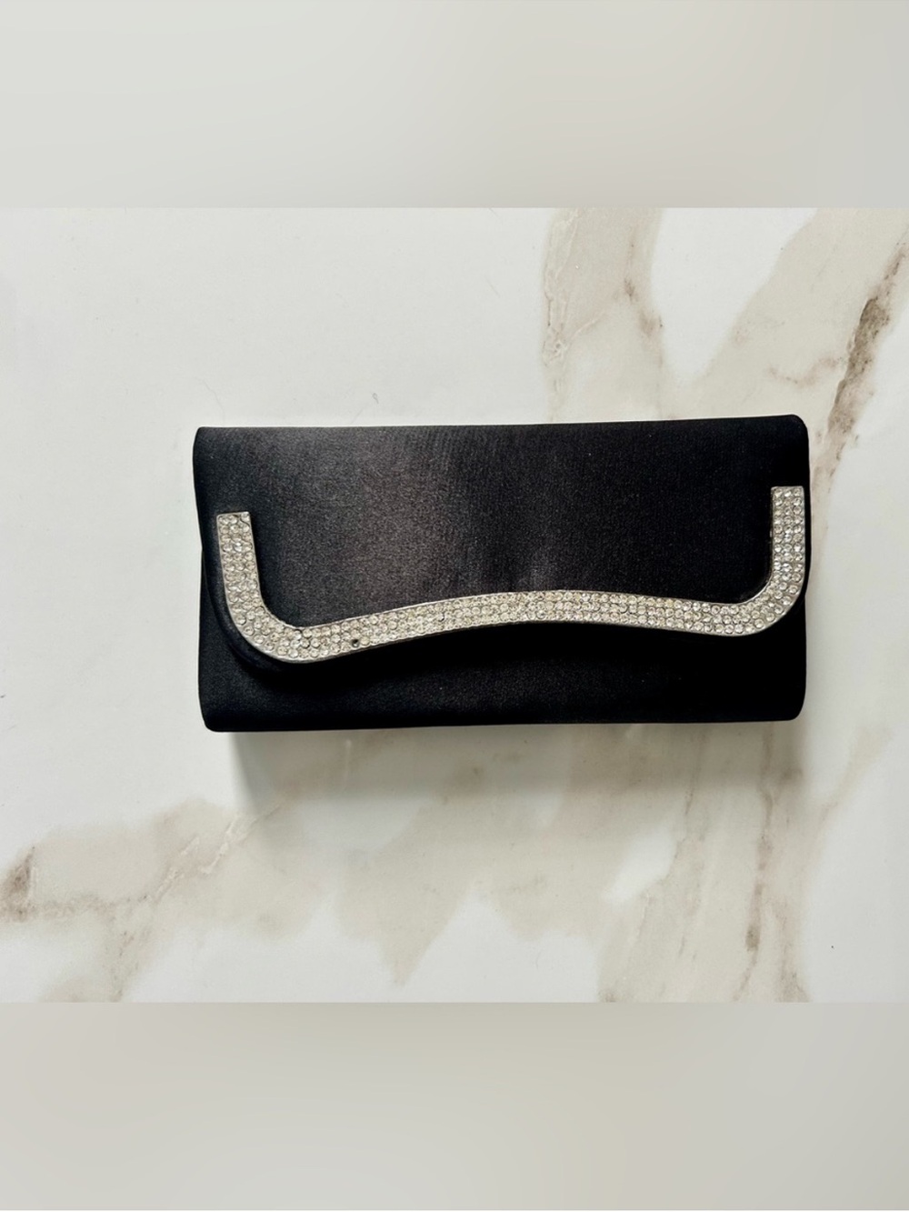 Black Satin Evening Clutch with Crystal Accent